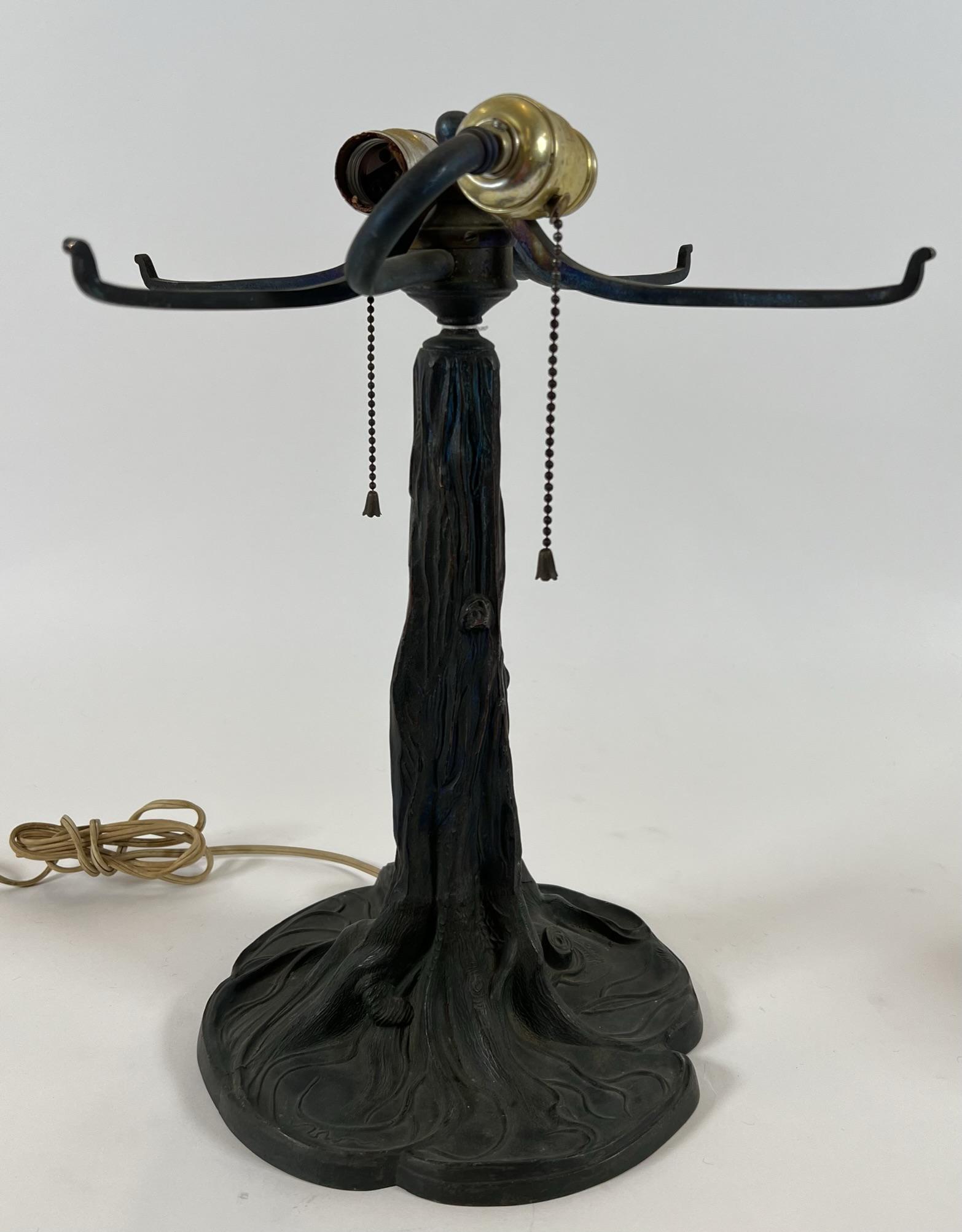 PAIRPOINT TREE TRUNK LAMP BASE: PAIRPOINT 3091 TREE TRUNK LAMP BASE, SPELTER, COPPER WASHED, PATINATED. WORKING. HEIGHT BASE TO SOCKET 16"
