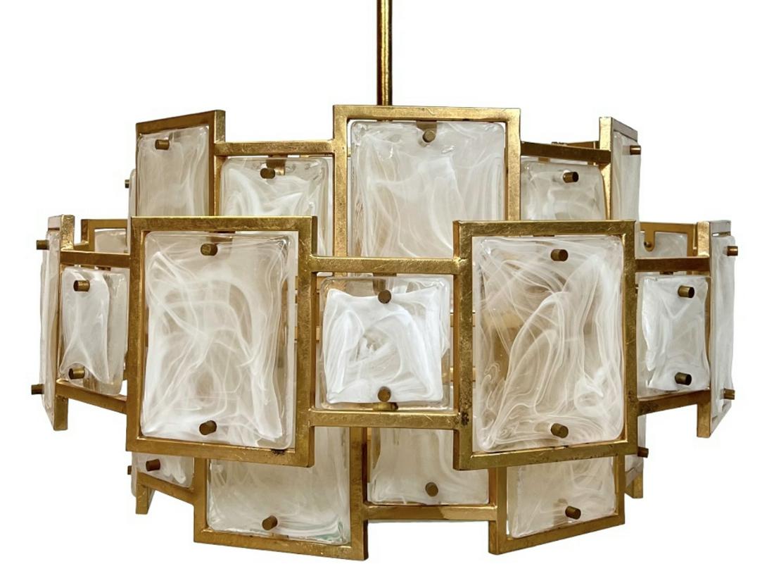 SKYLER CHANDELIER: 3 TIER GOLD LEAF METAL STRUCTURE WITH ART GLASS LENS. 24"DIA. 13"H
