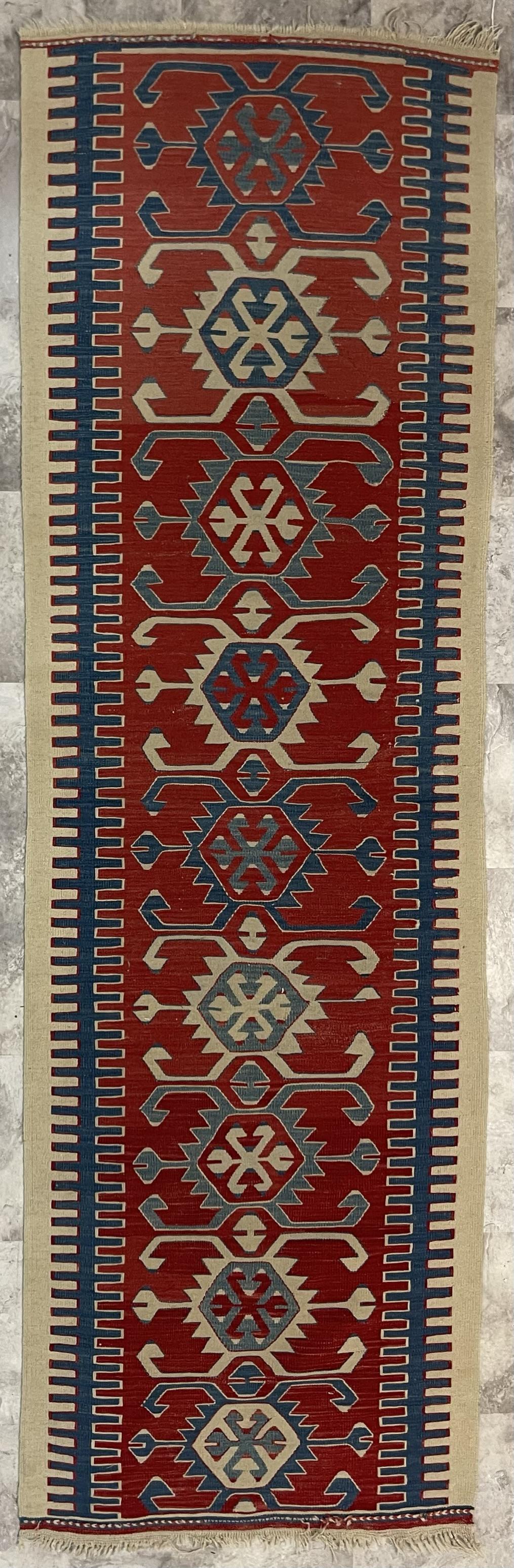 NATIVE AMERICAN STYLE FLATWEAVE RUNNER: RED, BLUE AND IVORY FLATWEAVE. 30"X97"