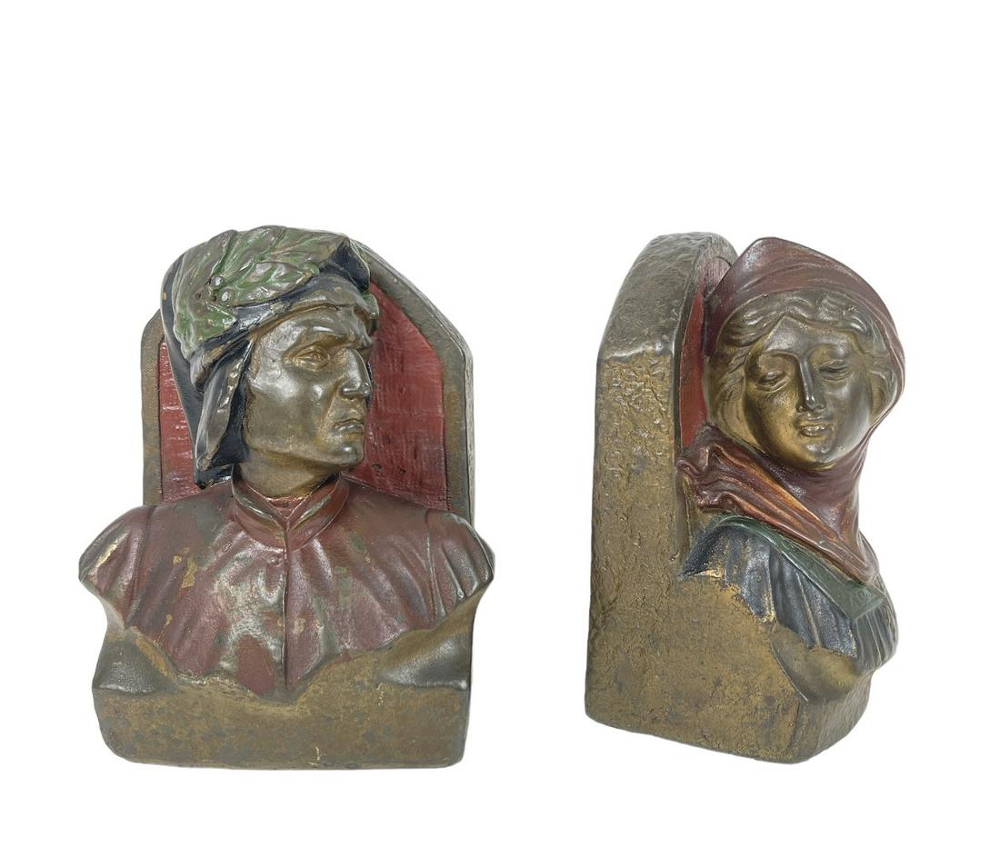 ARMOR BRONZE BOOKENDS: FIGURAL BRONZE CLAD BOOKENDS OF DANTE AND BEATRICE. 6.25"