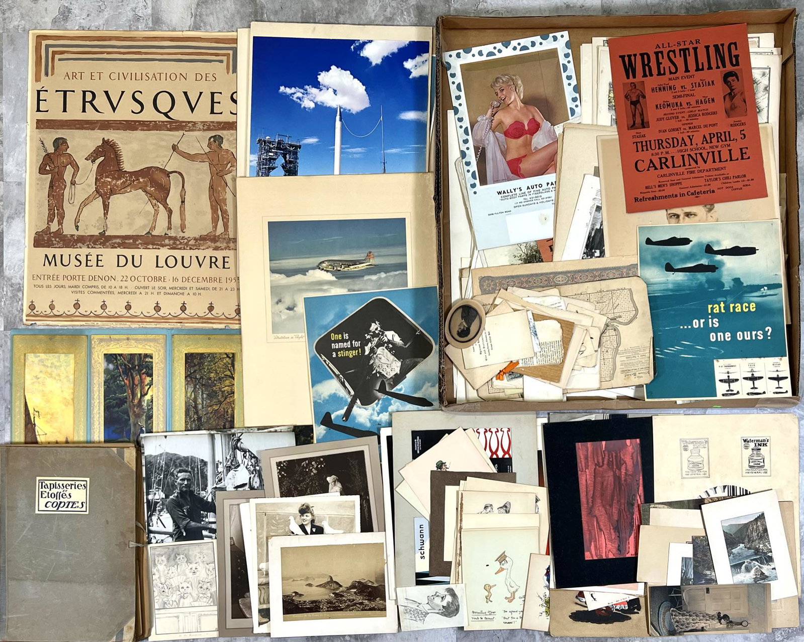 ESTATE EPHEMERA PHOTO COLLECTION: A BUNDLE OF EPHEMERA AND PHOTOS. INCLUDES 1935 GREETING CARD SAMPES, OLD PHOTOGRAPHS, VINTAGE AIRLINER PRINTS, ART WORKS.