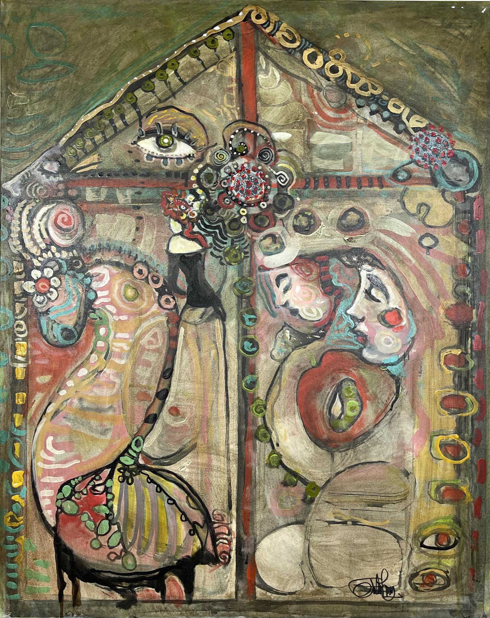JULIE ROSS PAINTING: ORIGINAL JULIE ROSS OIL ON CANVAS PAINTING. 24"X30". JULIE ROSS (AMERICAN, 20/21ST C.), RINGLING SCHOOL OF ART AND DESIGN, THE SCHOOL OF VISUAL ARTS - NEW YORK. ROSS' ART ALLOWED THE WORK TO FORM ITSE