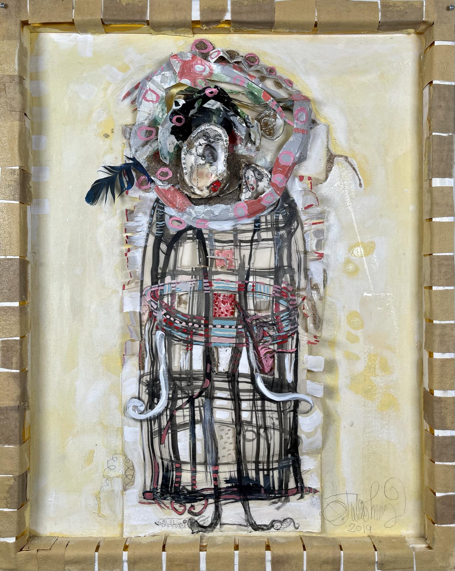 JULIE ROSS PAINTING: ORIGINAL JULIE ROSS WORK OF ART IN MIXED MEDIA WITH USE OF PAPER, PAINTS, EPOXY, OYSTER SHELL. 24"X30". JULIE ROSS (AMERICAN, 20/21ST C.), RINGLING SCHOOL OF ART AND DESIGN, THE SCHOOL OF VISUAL ARTS 