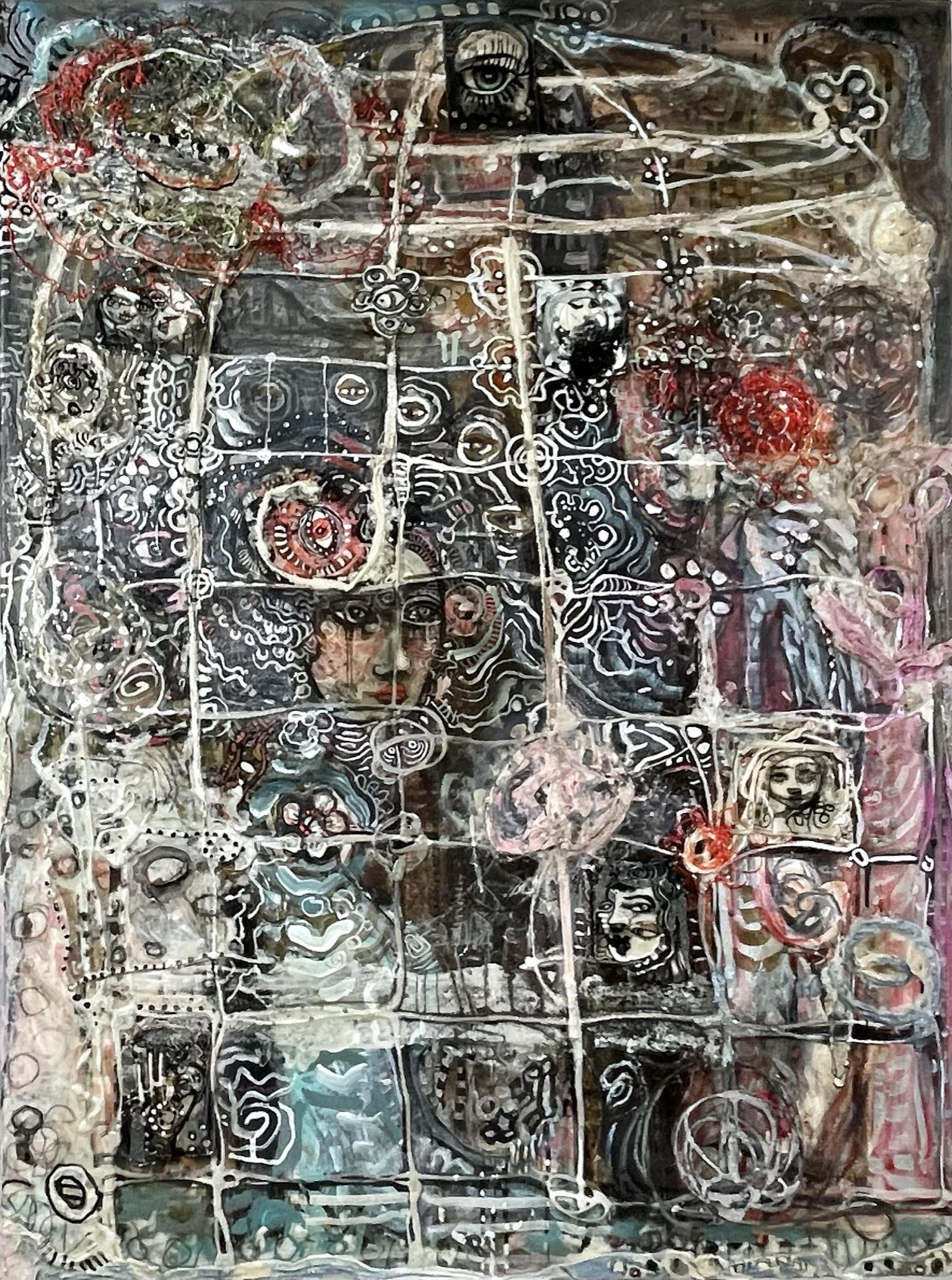 JULIE ROSS PAINTING: ORIGINAL JULIE ROSS MIXED MEDIA ON CANVAS. USE OF EPOXY, ACYRLIC, CANVAS, APPLIED PAPER. 30"X40". JULIE ROSS (AMERICAN, 20/21ST C.), RINGLING SCHOOL OF ART AND DESIGN, THE SCHOOL OF VISUAL ARTS - NEW 