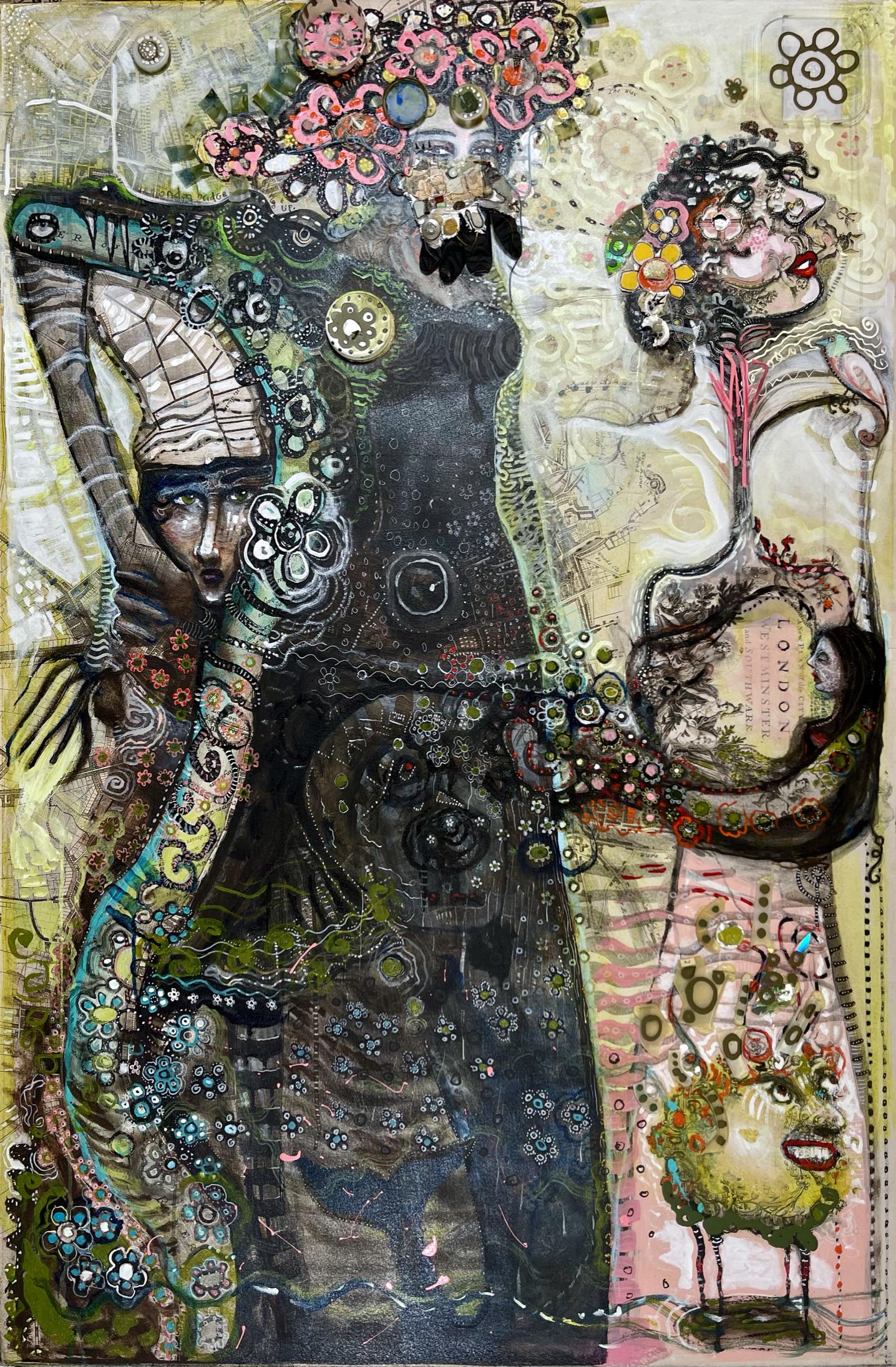 JULIE ROSS PAINTING: ORIGINAL JULIE ROSS MIXED MEDIA ON FOAM BOARD WITH USE OF PAINT, PRINTED MATERIALS, PLASTIC, LATEX, TEXTILES, FOUND OBJECTS. 39"X59". JULIE ROSS (AMERICAN, 20/21ST C.), RINGLING SCHOOL OF ART AND DESI