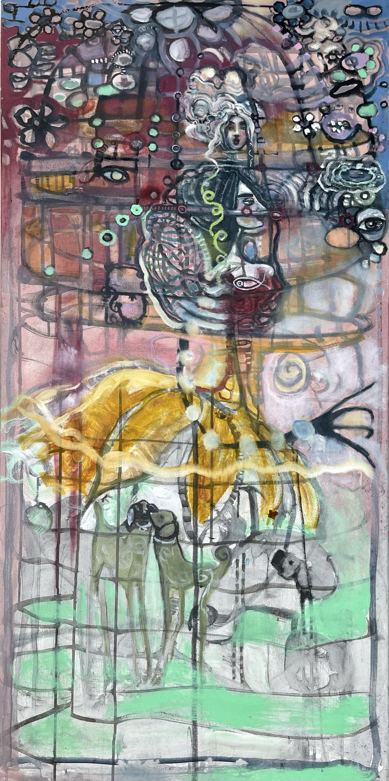JULIE ROSS PAINTING: ORIGINAL JULE ROSS OIL ON CANVAS PAINTING. 24"X48". JULIE ROSS (AMERICAN, 20/21ST C.), RINGLING SCHOOL OF ART AND DESIGN, THE SCHOOL OF VISUAL ARTS - NEW YORK. ROSS' ART ALLOWED THE WORK TO FORM ITSEL