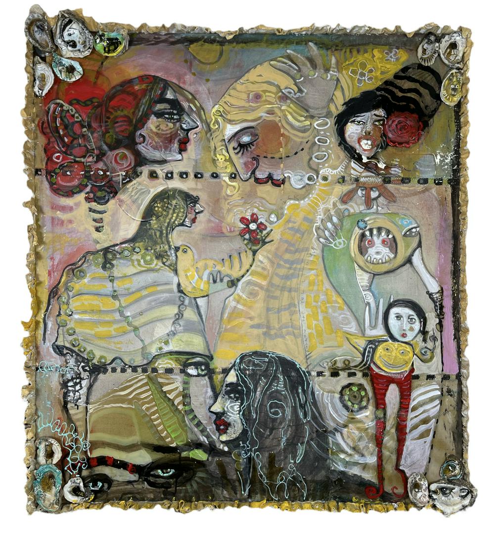 JULIE ROSS PAINTING: ORIGINAL JULIE ROSS MIXED MEDIA PAINTING WITH USE OF OIL ON CANVAS, OYSTER SHELLS, EPOXY. 39"X44". JULIE ROSS (AMERICAN, 20/21ST C.), RINGLING SCHOOL OF ART AND DESIGN, THE SCHOOL OF VISUAL ARTS - NEW