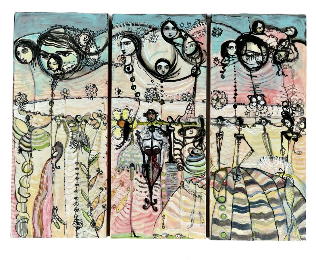 JULIE ROSS TRIPTYCH PAINTING: ORIGINAL JULIE ROSS PAINTING ON BOARD IN THREE PARTS. EACH SECTION IS 15"X36". JULIE ROSS (AMERICAN, 20/21ST C.), RINGLING SCHOOL OF ART AND DESIGN, THE SCHOOL OF VISUAL ARTS - NEW YORK. ROSS' ART ALL