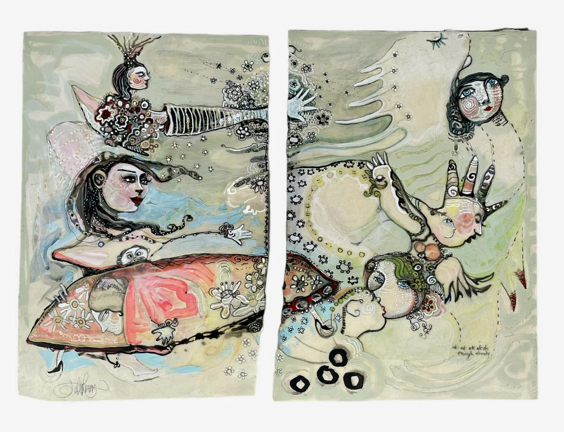 JULIE ROSS DIPTYCH PAINTING: ORIGINAL JULIE ROSS PAINTING IN TWO PARTS ON PAPER. OVERALL 26"X18". JULIE ROSS (AMERICAN, 20/21ST C.), RINGLING SCHOOL OF ART AND DESIGN, THE SCHOOL OF VISUAL ARTS - NEW YORK. ROSS' ART ALLOWED THE W
