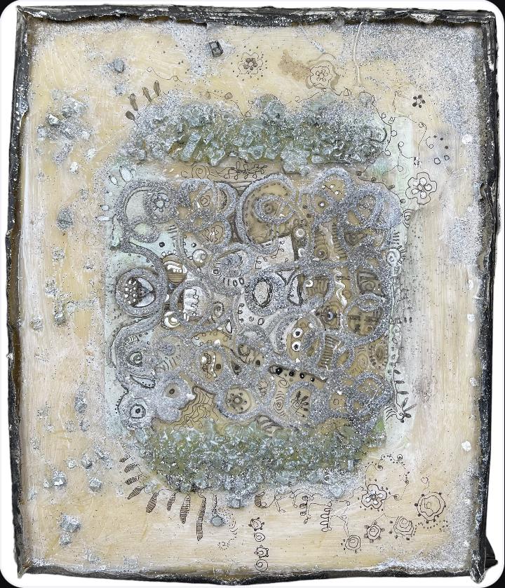 JULIE ROSS PAINTING: ORIGINAL JULIE ROSS MIXED MEDIA ON BOARD TITLED "VAN GOGH'S WHITE LILY". 11"X12". JULIE ROSS (AMERICAN, 20/21ST C.), RINGLING SCHOOL OF ART AND DESIGN, THE SCHOOL OF VISUAL ARTS - NEW YORK. ROSS' ART 