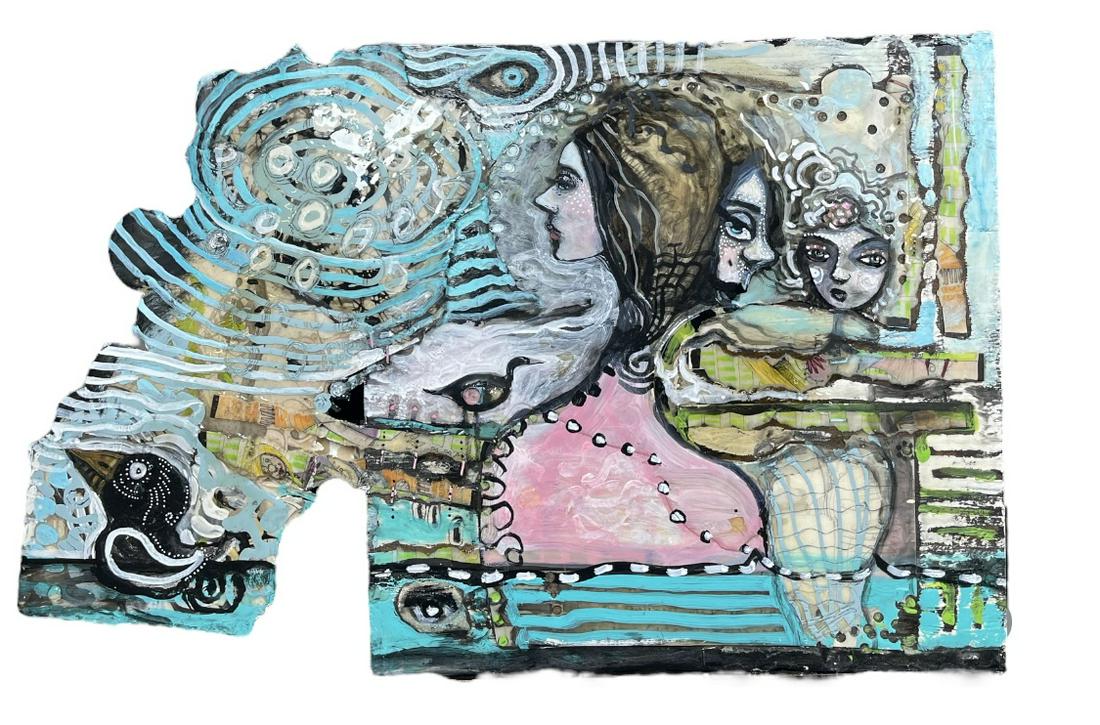 JULIE ROSS PAINTING: ORIGINAL JULIE ROSS MIXED MEDIA ON BOARD WITH USE OF PAINTS, PAPER AND EPOXY. 24"X15". JULIE ROSS (AMERICAN, 20/21ST C.), RINGLING SCHOOL OF ART AND DESIGN, THE SCHOOL OF VISUAL ARTS - NEW YORK. ROSS'