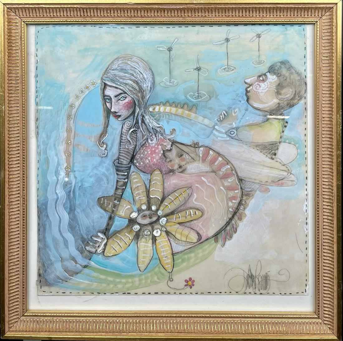 JULIE ROSS PAINTING: ORIGINAL JULIE ROSS PAINTING, ON PAPER. FRAMED, 14.5"X14.5". JULIE ROSS (AMERICAN, 20/21ST C.), RINGLING SCHOOL OF ART AND DESIGN, THE SCHOOL OF VISUAL ARTS - NEW YORK. ROSS' ART ALLOWED THE WORK TO F