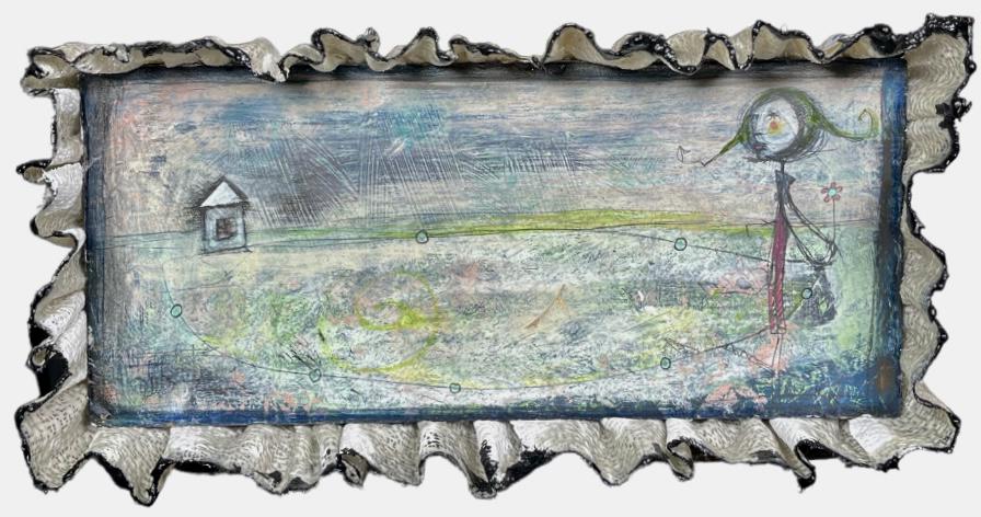 JULIE ROSS PAINTING: ORIGINAL JULIE ROSS PAINTNG ON BOARD, SELF FRAMED. 6"X12.5"JULIE ROSS (AMERICAN, 20/21ST C.), RINGLING SCHOOL OF ART AND DESIGN, THE SCHOOL OF VISUAL ARTS - NEW YORK. ROSS' ART ALLOWED THE WORK TO FOR