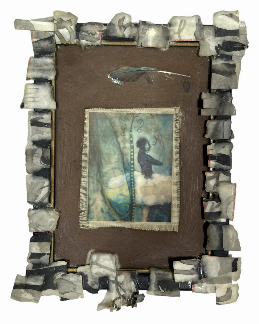 JULIE ROSS PAINTING: ORIGINAL JULIE ROSS MIXED MEDIA PAINTING ON BOARD USING PAINTS, TEXTILES. 6"X8". JULIE ROSS (AMERICAN, 20/21ST C.), RINGLING SCHOOL OF ART AND DESIGN, THE SCHOOL OF VISUAL ARTS - NEW YORK. ROSS' ART A