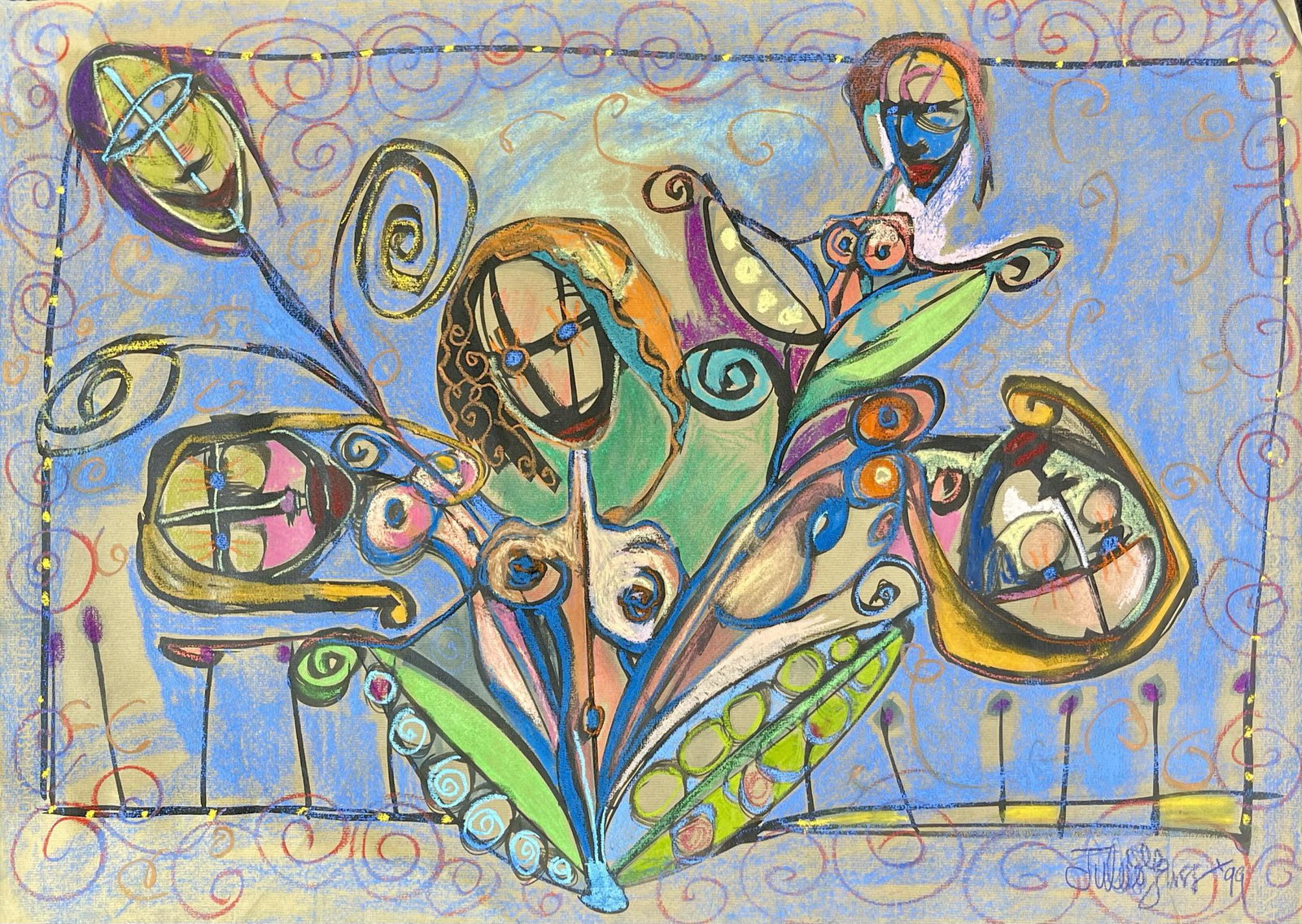 JULIE ROSS PAINTING: ORIGINAL JULIE ROSS PAINTING ON PAPER. 19.5"X28". JULIE ROSS (AMERICAN, 20/21ST C.), RINGLING SCHOOL OF ART AND DESIGN, THE SCHOOL OF VISUAL ARTS - NEW YORK. ROSS' ART ALLOWED THE WORK TO FORM ITSELF 
