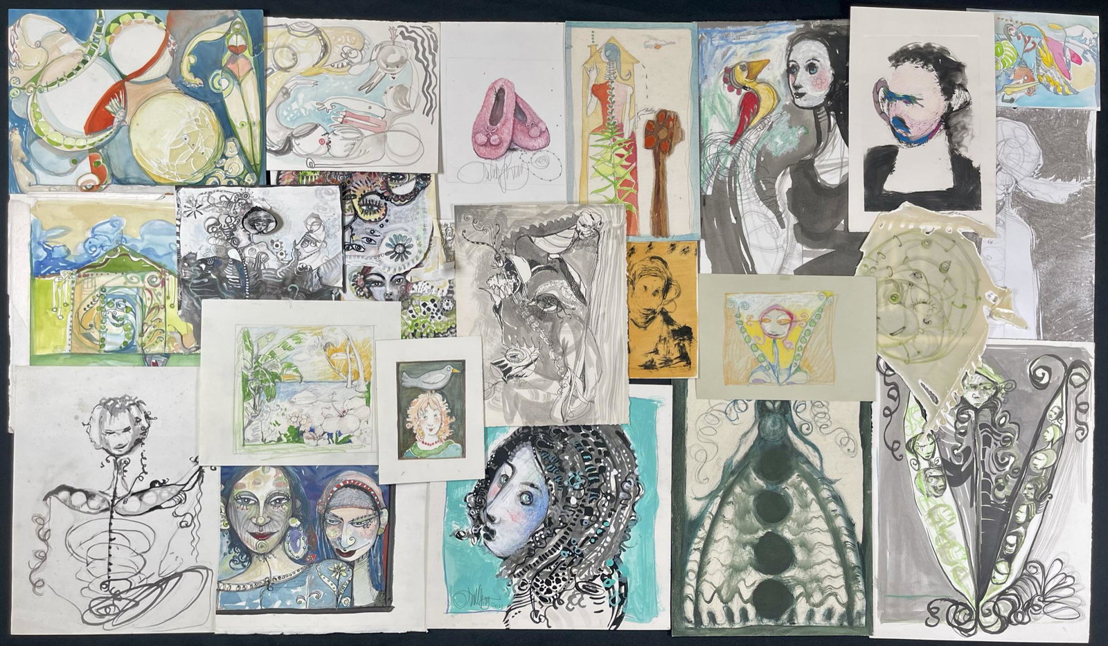 JULIE ROSS ART COLLECTION: FOLIO OF VARIOUS WORKS BY JULIE ROSS. LARGEST 11"X15". JULIE ROSS (AMERICAN, 20/21ST C.), RINGLING SCHOOL OF ART AND DESIGN, THE SCHOOL OF VISUAL ARTS - NEW YORK. ROSS' ART ALLOWED THE WORK TO FORM IT