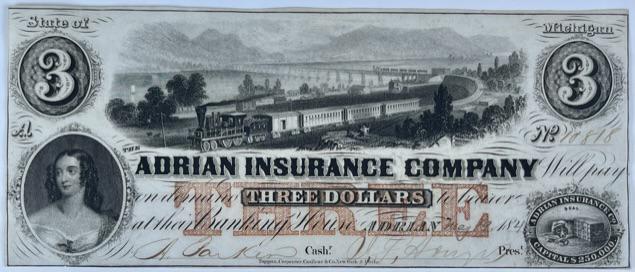 1840'S ADRIAN INSURANCE CO. OBSOLETE NOTE: STATE OF MICHIGAN, ADRIAN INSURANCE COMPANY, $3 NOTE.