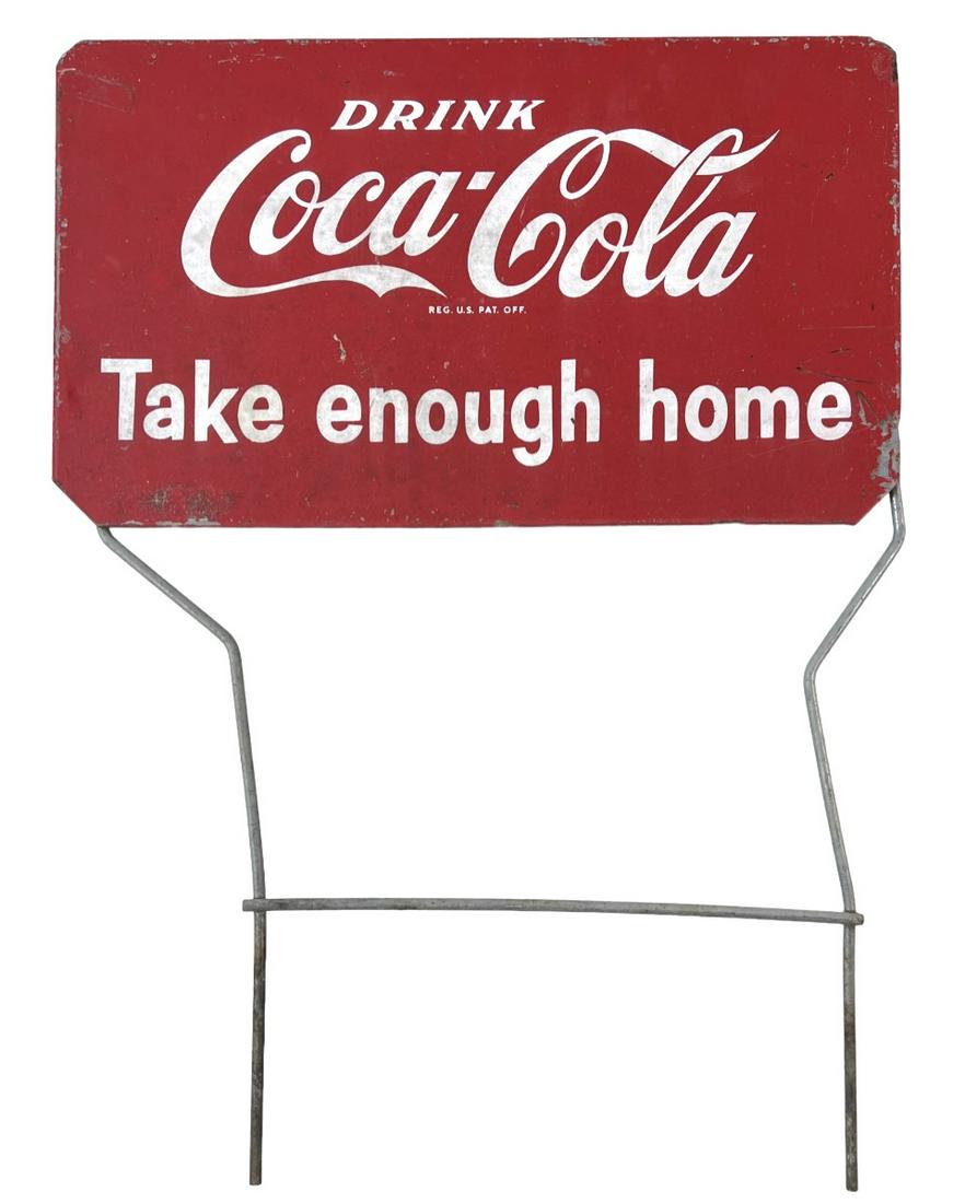 DRINK COCA-COLA SIGN: METAL COCA-COLA LOGO RETAILER LAWN SIGN. SIGN PANEL IS 9.5"X16.5"