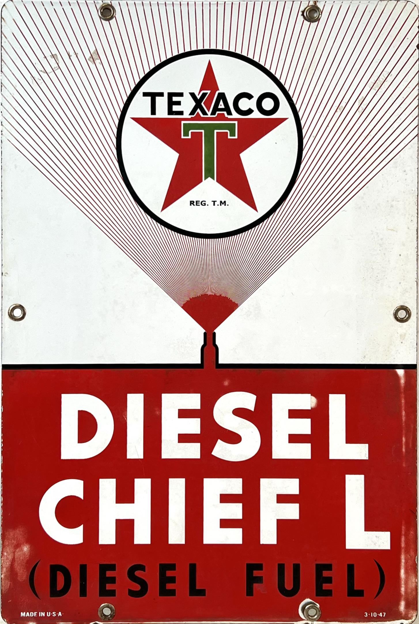 TEXACO DIESEL CHIEF L SSP SIGN: SINGLE SIDED PORCELAIN RESTRIKE OF ORIGINAL. 12"X18"
