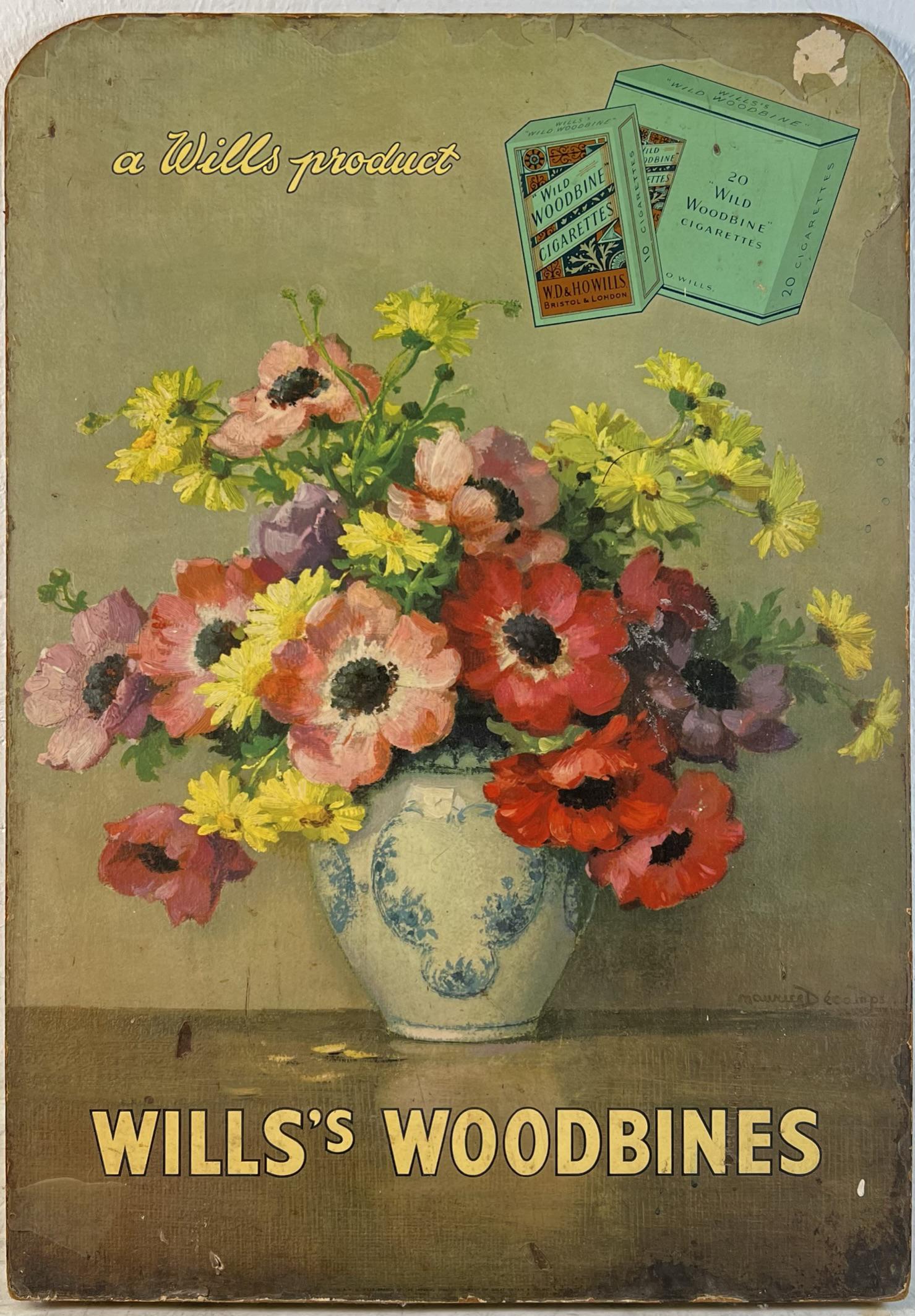 WILLS' WOODBINES CIGARETTE SIGN: LITHO ON BOARD SIGN FOR WILLS' PRODUCT. SOME LOSS AND SCUFFING THROUGHOUT. 19"X27"