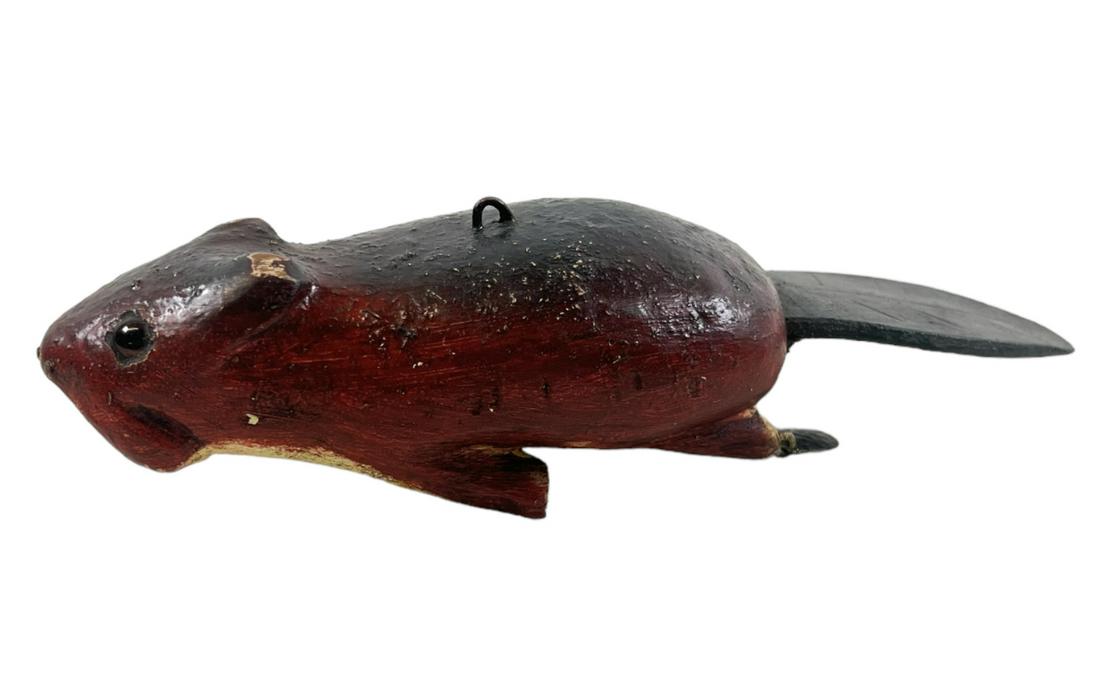 ICE FISHING BEAVER DECOY: WOOD-CARVED AND DECORATED. 10"