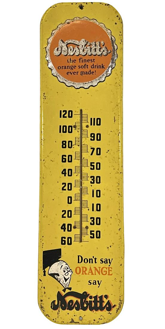 NESBITT'S ORANGE SODA THERMOMETER SIGN: MERCURY THERMOMETER INTACT, SCATTERED PATINA. 7.25"X27"