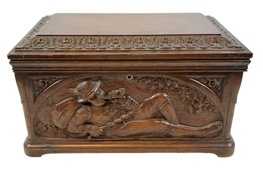 LARGE TOBACCO HUMIDOR: CARVED EXTERIOR WITH TIN LINER. 14"X9"X8"