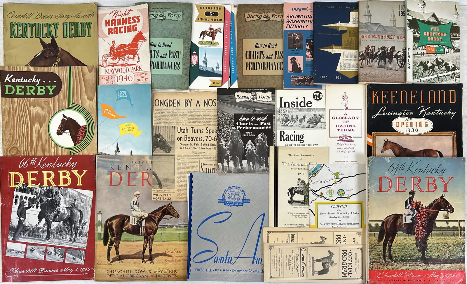 1930'S - 1960'S KENTUCKY DERBY MEMORABILIA: KENTUCKY DERBY PROGRAMS, BROCHURES, PRESS FILE, CHARTS, PERFORMANCE BOOKS. KENTUCKY DERBY PROGRAMS FOR 1935, 1936, 1938(2), 1939(2), 1940, 1941, 1956, 1958, 1959, 1962. PROGRAMS FOR 88TH AND 92ND EDIT