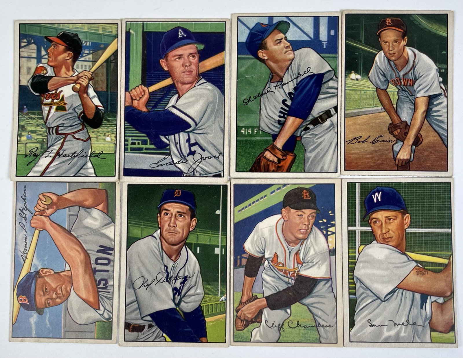 1952 BOWMAN BASEBALL CARDS: 8 BOWMAN CARDS IN GOOD TO NM CONDITION INCLUDING STEPHENS, HUTCHINSON, CHAMBERS, MELE, HARTSFIELD, JOOST, RAMSDELL, CAIN.