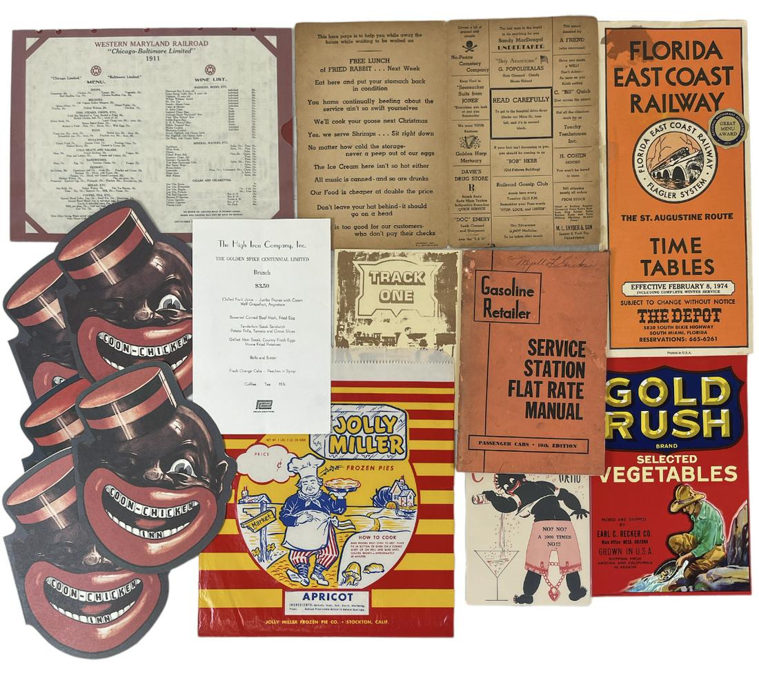 EPHEMERA COLLECTION: MENUS, BLACK AMERICANA, RAILROAD