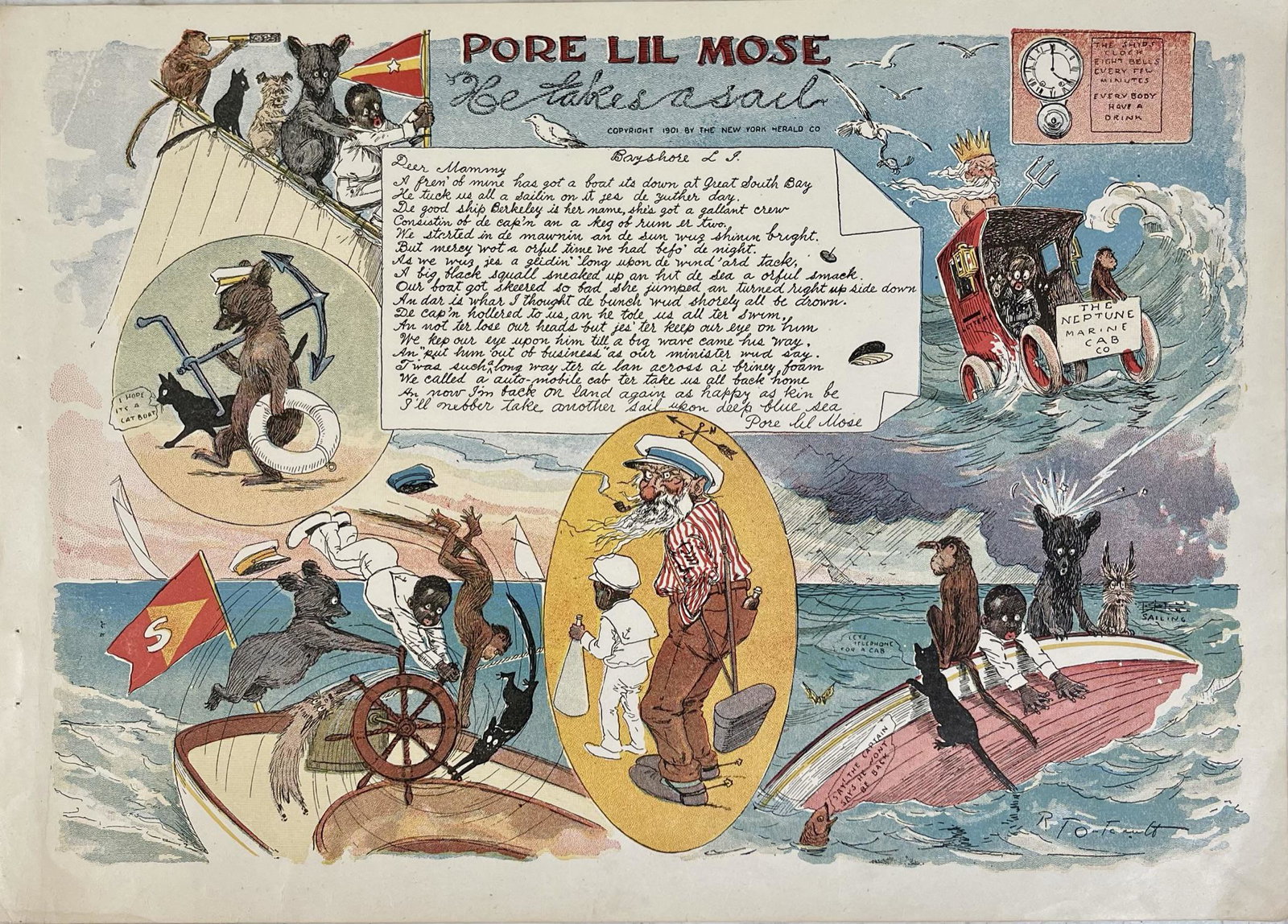 BLACK AMERICANA - PORE LIL MOSE: HE TAKES A SAIL, C.1900, NEW YORK HERALD, UNMOUNTED. 10.75"X15"