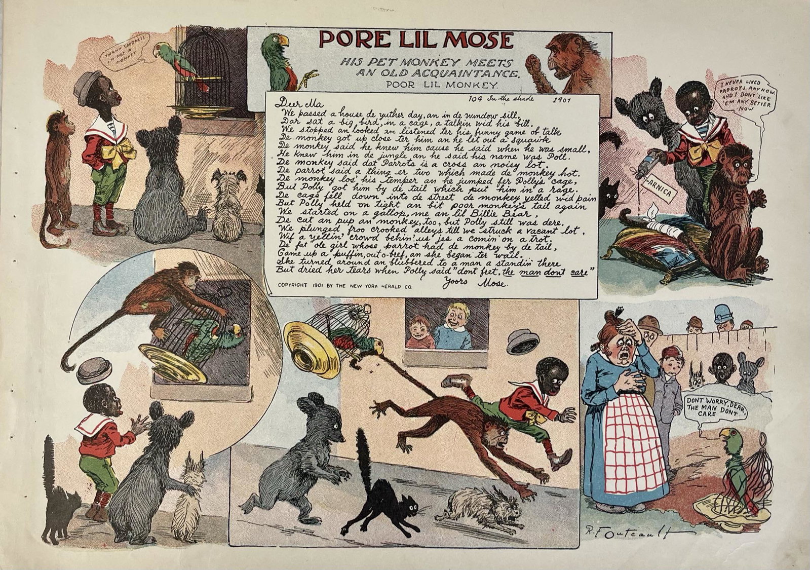 BLACK AMERICANA - PORE LIL MOSE: HIS PET MONKEY MEETS AN ACQUAINTANCE, C.1900, NEW YORK HERALD, UNMOUNTED. 10.75"X15"