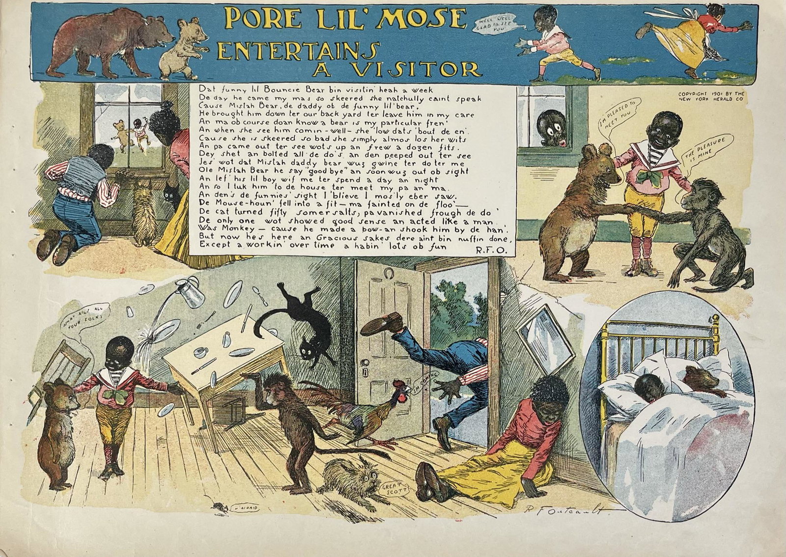 BLACK AMERICANA - PORE LIL MOSE: ENTERTAINS A VISITOR, C.1900, NEW YORK HERALD, UNMOUNTED. 10.75"X15"