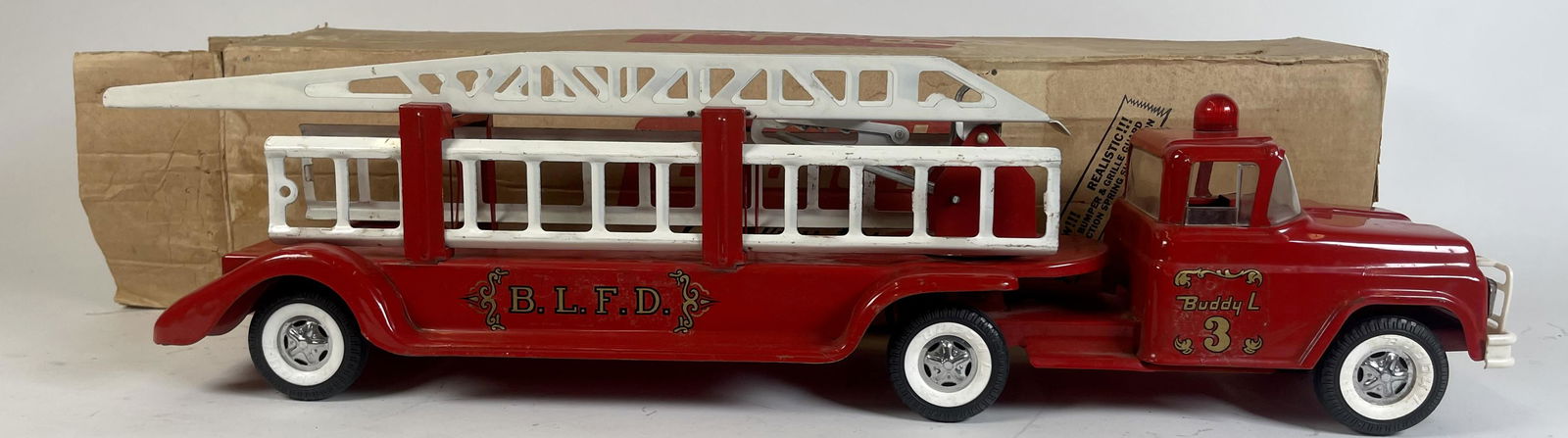 BUDDY L FIRE DEPARTMENT TOY: WITH ORIGINAL BOX. 25"L
