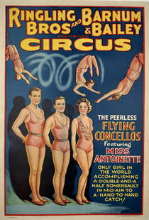 RINGLING BROS. BARNUM & BAILEY CIRCUS POSTER - CONCELLOS: AUTHENTIC, ORIGINAL, HALF SHEET, ERIE LITHO, 1934. RBBB TITLE FEATURING THE PEERLESS FLYING CONCELLOS FEATURING MISS ANTOINETTE, ONLY GIRL IN THE WORLD ACCOMPLISHING A DOUBLE-AND-A-HALF SOMERSAULT