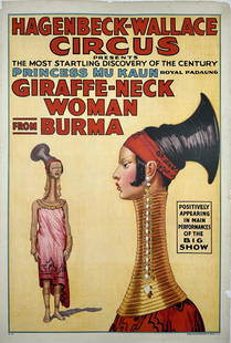 HAGENBECK-WALLACE CIRCUS  POSTER - GIRAFFE-NECK WOMAN: AUTHENTIC, ORIGINAL, ONE SHEET, CENTRAL PRINTING AND ILLINOIS LITHO, 1934. HW CIRCUS TITLE PRESENTING THE MOST STARTLING DISCOVERY OF THE CENTURY, PRINCESS MU KAUN ROYAL PADAUNG GIRAFFE-NECK WOMAN FRO