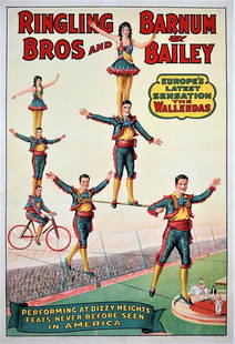 RINGLING BROS. BARNUM & BAILEY CIRCUS POSTER - WALLENDAS: AUTHENTIC, ORIGINAL, ONE SHEET, ERIE LITHO, C.1929. RBBB TITLE FEATURING EUROPE'S LATEST SENSATION, THE WALLENDAS, PERFORMING AT DIZZY HEIGHTS, FEATS NEVER BEFORE SEEN IN AMERICA. PROFESSIONALLY