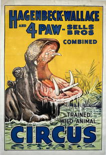 HAGENBECK WALLACE 4-PAW SELLS BROS. CIRCUS POSTER: AUTHENTIC, ORIGINAL, ONE SHEET, CENTRAL PRINTING AND ILLINOIS LITHO, 1935. 1935 WAS THE ONLY SEASON THE FOREPAUGH-SELLS TITLE WAS COMBINED WITH HAGENBECK WALLACE. BIG AND BEAUTIFUL IS THIS