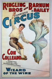 RINGLING BROS. BARNUM & BAILEY CIRCUS POSTER - COLLEANO: AUTHENTIC, ORIGINAL, ONE SHEET, 1933. RBBB TITLE FEATURING CON COLLEANO DANCING, TUMBLING, SOMERSAULTING - WIZARD OF THE WIRE. PROFESSIONALLY CONSERVED ON ARCHIVAL LINEN. IMAGE 27"X41"