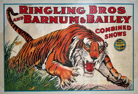 RINGLING BROS. BARNUM & BAILEY CIRCUS POSTER - TIGER: AUTHENTIC, ORIGINAL, ONE SHEET, ILLINOIS LITHO, 1930. RBBB TITLE FEATURING A CHARGING TIGER. PROFESSIONALLY CONSERVED ON ARCHIVAL LINEN. IMAGE 28.25"X41.75"