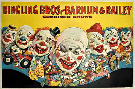 RINGLING BROS. BARNUM & BAILEY CIRCUS POSTER - CLOWNS: AUTHENTIC, ORIGINAL, ONE SHEET, MORGAN LITHO, 1931. A SELDOM-SEEN POSTER FOR RBBB FEATURING AN ASSORTMENT OF CLOWN PORTRAITS AND ACTS. PROFESSIONALLY CONSERVED ON ARCHIVAL LINEN. IMAGE 27.25"X41"