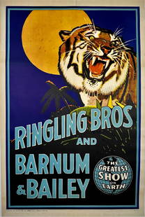 RINGLING BROS. BARNUM & BAILEY CIRCUS POSTER - TIGER: AUTHENTIC, ORIGINAL, ONE SHEET, MCCANDLISH LITHO, 1942. TIGER AND THE MOON. PROFESSIONALLY CONSERVED ON ARCHIVAL LINEN. IMAGE 28"X42"