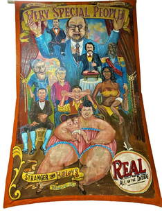 SIDESHOW BANNER - VERY SPECIAL PEOPLE: LARGE, ORIGINAL, AUTHENTIC SIDESHOW BANNER. FIRST CREATED BY MARK FRIERSON FOR THE MURRAY CIRCUS SIDESHOW AND LATER TOUCHED-UP BY JOHN HINER. CANVAS BANNER WITH LEATHER STUDDED CORNER HOOKS. SHOWS