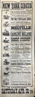 THE NEW YORK CIRCUS - L.B. LENT 1870: EARLY HERALD FOR THE NEW YORK CIRCUS, DIRECTED BY L.B. LENT, 1870. THE GREAT MELLVILLE, CAROLINE ROLLAND, ROBERT STICKNEY, THE AUSTRALIAN FAMILY, THE LEVANTINE BROTHERS, CIRCUS HORSES AND PONIES,