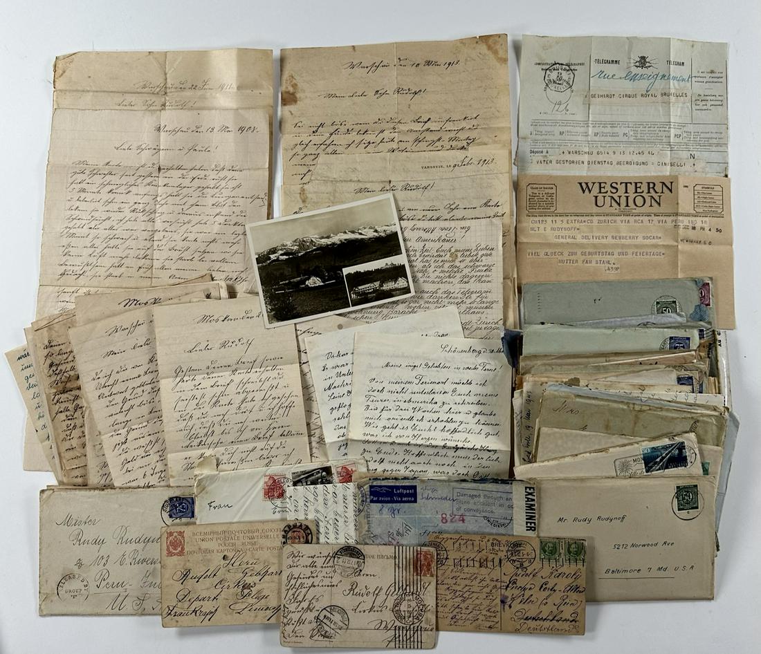 RUDYNOFF FAMILY COLLECTION OF LETTERS: COLLECTION OF FAMILY LETTERS, MANY IN GERMAN, WRITTEN AMONG RUDY AND HIS MOTHER AND OTHER FAMILY MEMBERS FROM 1910'S INTO THE WWII YEARS.