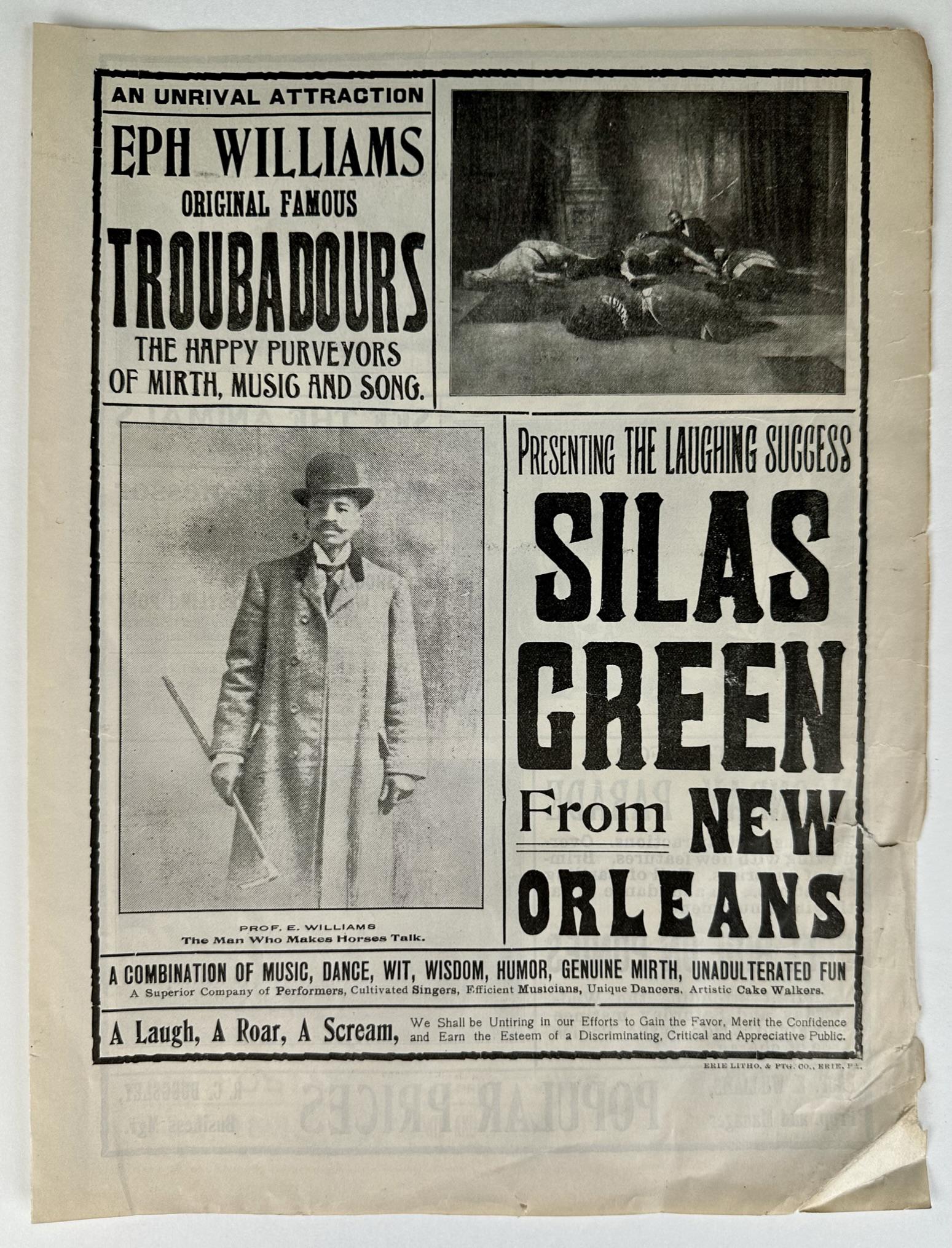 EPH WILLIAMS ORIGINAL FAMOUS TROUBADOURS: RARE 1920'S COURIER BY ERIE LITHO & PRINTING FOR EPH WILLIAMS, ORIGINAL TROUBADOURS, THE HAPPY PURVEYORS OF MIRTH, MUSIC AND SONG. FOUR PAGE COURIER WITH PHOTO ILLUSTRATIONS AND DESCRIPTIONS OF THE AC