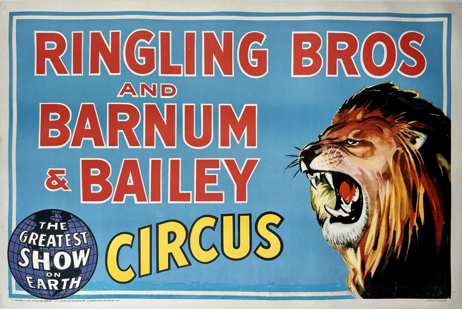 RINGLING BROS. BARNUM BAILEY CIRCUS POSTER - LION: AUTHENTIC, ORIGINAL, ONE SHEET, MCCANDLISH LITHO, 1942. RBBB POSTER FEATURING A LION ON BLUE FIELD. PROFESSIONALLY CONSERVED ON ACHIVAL LINEN. IMAGE 28"X42"