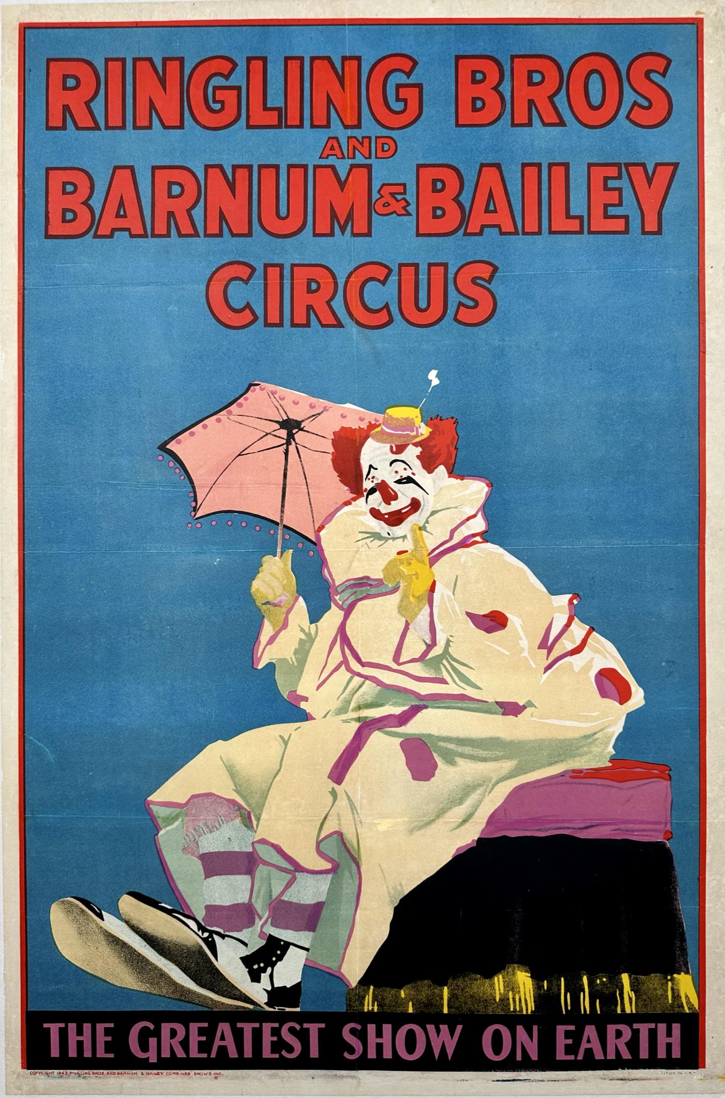 RINGLING BROS. BARNUM BAILEY CIRCUS POSTER - FELIX: AUTHENTIC, ORIGINAL, ONE SHEET, MCCANDLISH LITHO, 1943. RBBB GREATEST SHOW ON EARTH POSTER FEATURING FELIX ADLER. PROFESSIONALLY CONSERVED ON ARCHIVAL LINEN. IMAGE 28"X42"