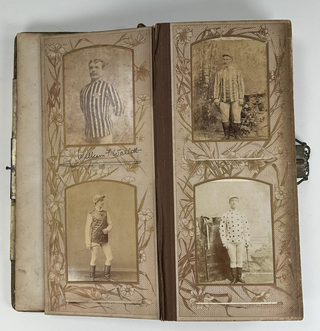 VICTORIAN PHOTO ALBUM - WALLETT CIRCUS FAMILY COLLECTION: A SPLENDED VICTORIAN PHOTO ALBUM CONTAINING APPROXIMATELY 60 CABINET CARD PHOTOGRAPHS OF THE WALLETT FAMILY, ASSOCIATED CIRCUS ACTS AND OTHERS. AMONG THE GROUP IS WILLIAM FREDERICK WALLETT, THE MAGRIS