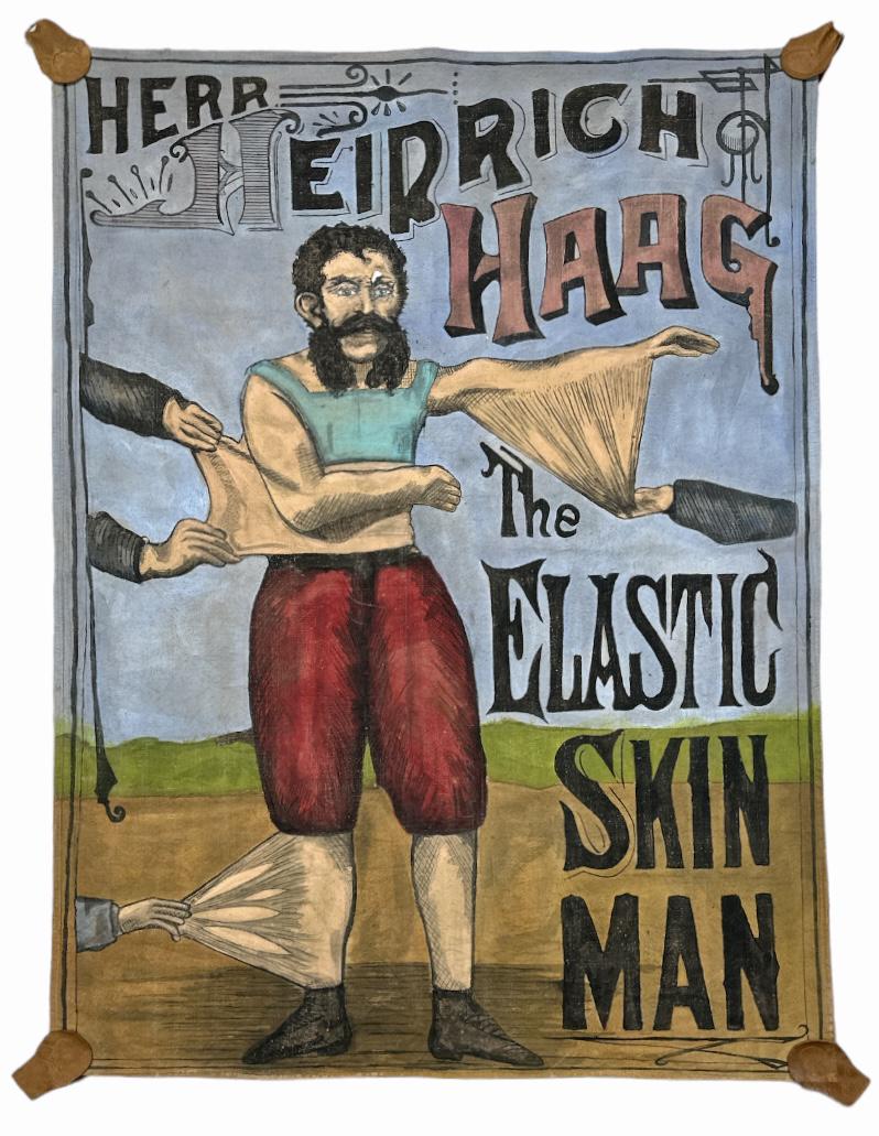 HERR HEINRICH HAAG - THE ELASTIC SKIN MAN BANNER: HAND-PAINTED FANTASY BANNER BY HOWIC TRADESIGNS AND BANNERS - ROCHEFORT. HEINRICH COULD STRETCH HIS SKIN UP TO 7 INCHES, STRETCH HIS NOSE DOWN TO HIS CHIN, MASK HIS FACE WITH HIS NECK SKIN, STRETCH HI